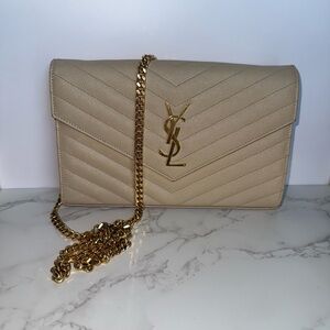 Yves Saint Laurent Cream Quilted Clutch with Gold Chain
